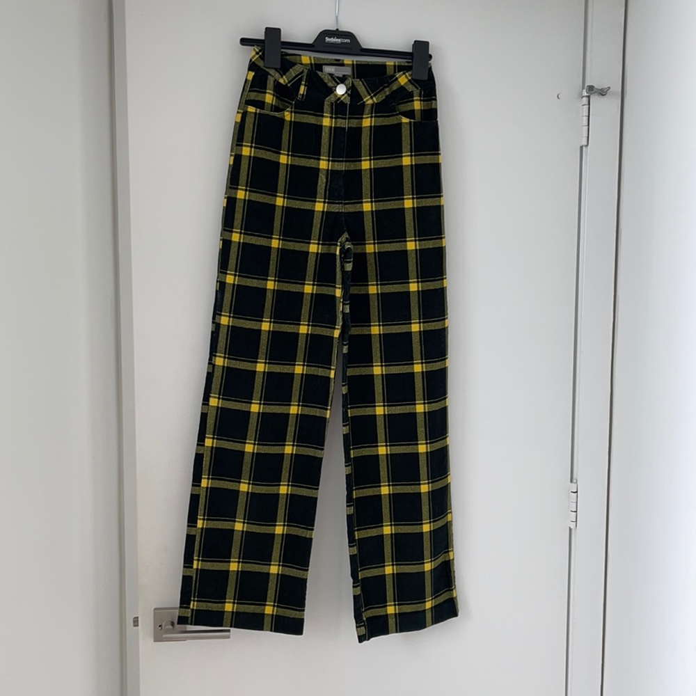 straight leg plaid corduroy pants